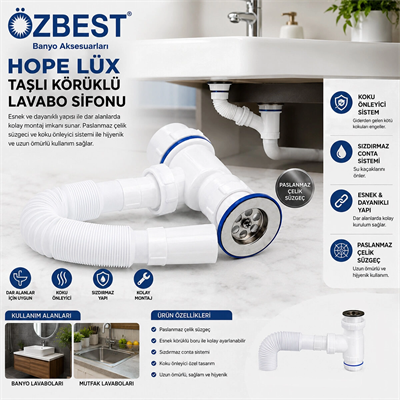 Lüx Paslanmaz Taşlı Körüklü Lavabo Sifon Bx40