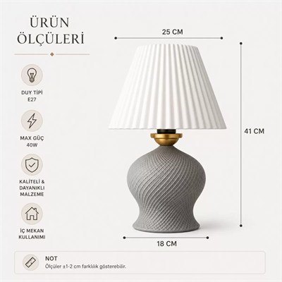 Luxury Tasarımlı Abajur – Yatak Odası Ve Çocuk Odası İçin Dekoratif Aydınlatma 31x45 Cm Alt Gri