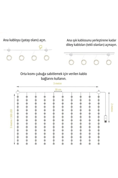 Lw-7 300 Ledli 10 Sarkıt Perde Led Işık, 8 Modlu Uzaktan Kumandalı, 3x3 Metre Peri Telli Led