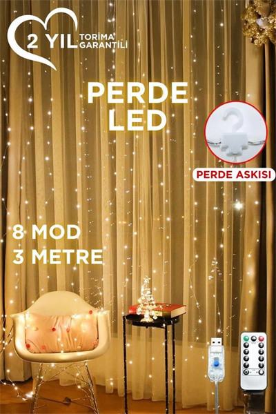 Lw-7 300 Ledli 10 Sarkıt Perde Led Işık, 8 Modlu Uzaktan Kumandalı, 3x3 Metre Peri Telli Led
