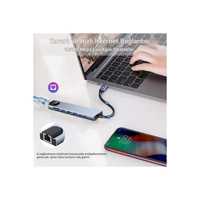 MacBook ve Laptop Uyumlu Çok Fonksiyonlu USB-C Dönüştürücü - Alüminyum Gövdeli Hub