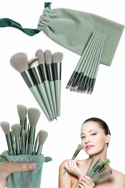 Makyaj Fırça Seti Yeşil 13 Parça Fondöten Fırçası Allık Fırçası Far Fırçası