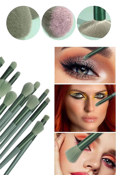 Makyaj Fırça Seti Yeşil 13 Parça Fondöten Fırçası Allık Fırçası Far Fırçası