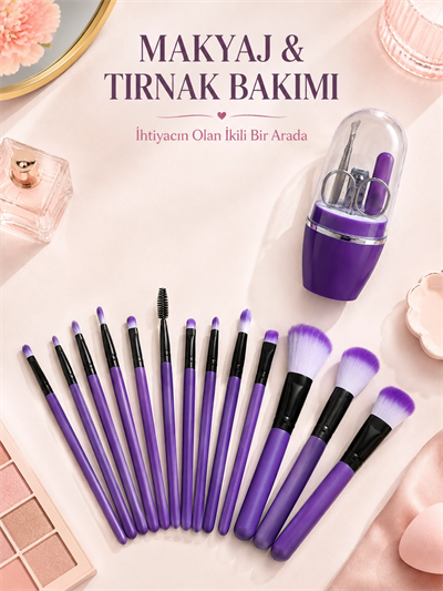 Makyaj ve Tırnak Bakım Seti 12’li Mor Makyaj Fırçaları Manikür Pedikür Seti Günlük Kişisel Bakım Paketi