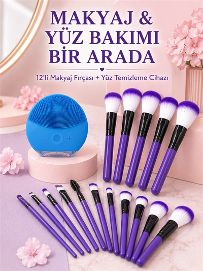 Makyaj ve Yüz Bakım Seti 12’li Mor Makyaj Fırçası Silikon Yüz Temizleme ve Cilt Bakım Cihazı