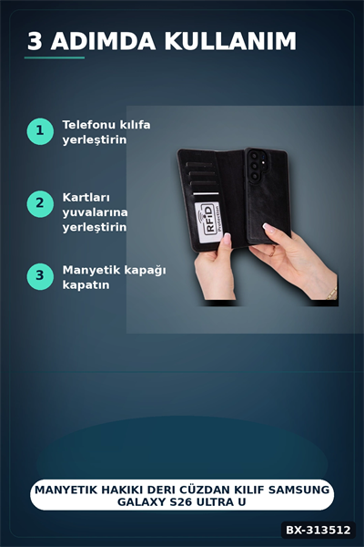 Manyetik Hakiki Deri Cüzdan Kılıf Samsung Galaxy S26 Ultra Uyumlu Kart Yuvalı 1 Adet BX-313512