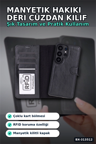 Manyetik Hakiki Deri Cüzdan Kılıf Samsung Galaxy S26 Ultra Uyumlu Kart Yuvalı 1 Adet BX-313512