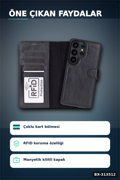Manyetik Hakiki Deri Cüzdan Kılıf Samsung Galaxy S26 Ultra Uyumlu Kart Yuvalı 1 Adet BX-313512