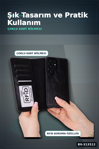 Manyetik Hakiki Deri Cüzdan Kılıf Samsung Galaxy S26 Ultra Uyumlu Kart Yuvalı 1 Adet BX-313512