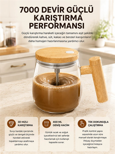 Manyetik Karıştırıcı Kupa – 400 ml, C Tipi Şarjlı, Akıllı Tasarım Yeni Nesil