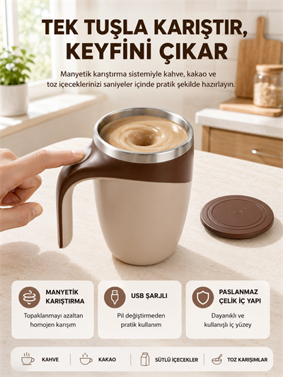 Manyetik Karıştırıcı Kupa USB Şarjlı Otomatik Karıştırma Çift Katmanlı