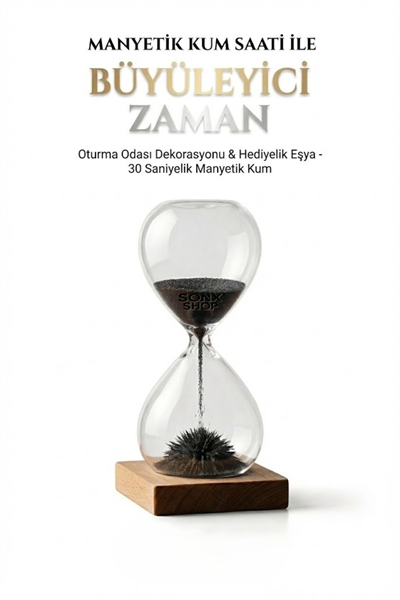 Manyetik Kum Saati Mıknatıslı Ahşap Standlı Dekoratif Masaüstü Hediyelik Süs Eşyası (14 cm)