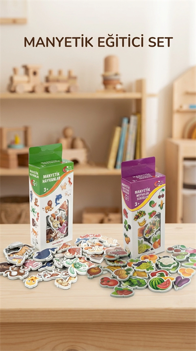 Manyetik Mıknatıslı Eğitici Oyuncak Seti 56 Parça Hayvanlar Sebze Meyveler
