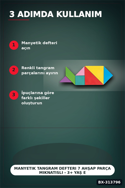 Manyetik Tangram Defteri 7 Ahşap Parça Mıknatıslı - 3+ Yaş Eğitici Zeka Oyunu BX-313796