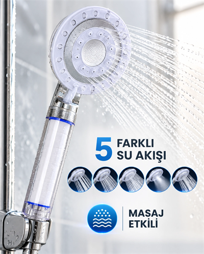 Masaj Etkili Filtreli Duş Başlığı 5 Fonksiyonlu Yağmur Sis Geniş Karışık Su Akışı