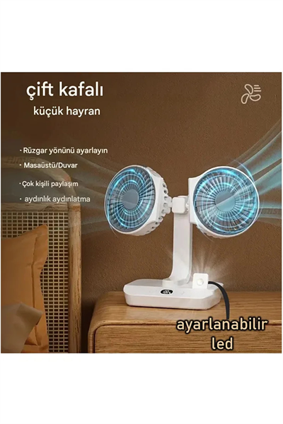 Masaüstü Dijital Ekranlı Çift Fanlı Led Işıklı Soğutucu Fan Ev Ofis Şarjlı Vantilatör