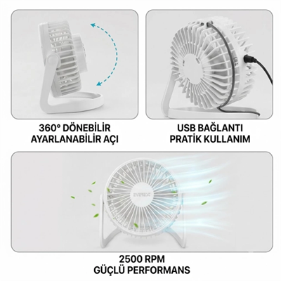 Masaüstü Mini USB Fan - PVC Gövdeli - 360° Ayarlanabilir