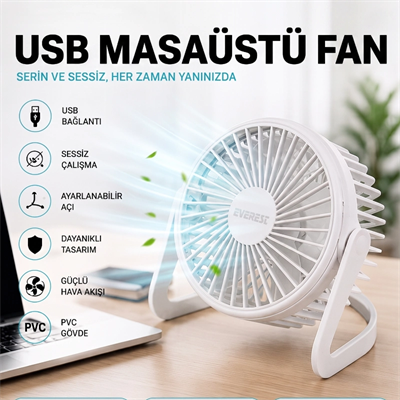 Masaüstü Mini USB Fan - PVC Gövdeli - 360° Ayarlanabilir