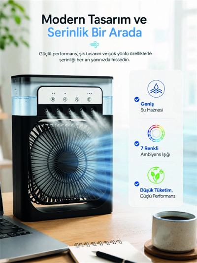 Masaüstü Püskürtmeli Serinletici Fan 5 Sisleme, 3 Fan Hızı, 7 Renk Ambiyans Işığı