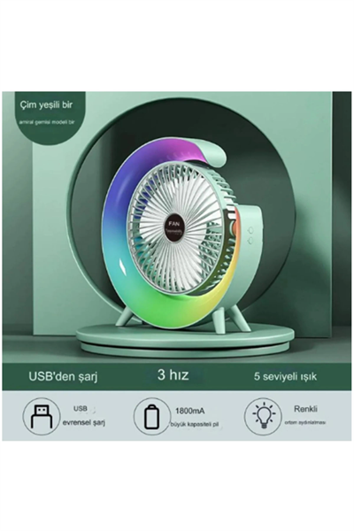 Masaüstü Vantilatör Usb Şarjlı Rgb Led Işıklı 3 Kademeli 180° Ayarlanabilir Soğutucu Fan Yeşil