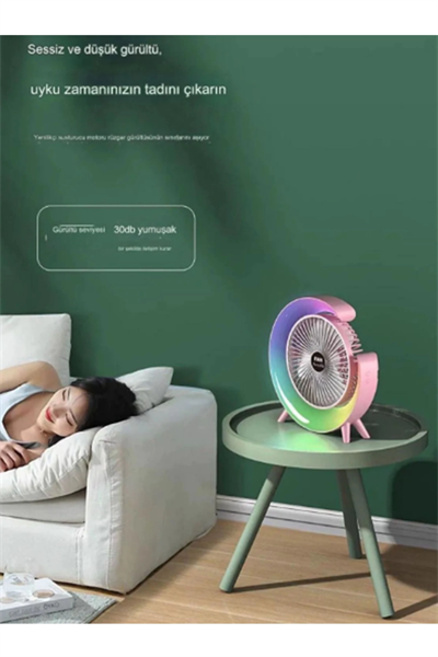 Masaüstü Vantilatör Usb Şarjlı Rgb Led Işıklı 3 Kademeli 180° Ayarlanabilir Soğutucu Fan Mavi