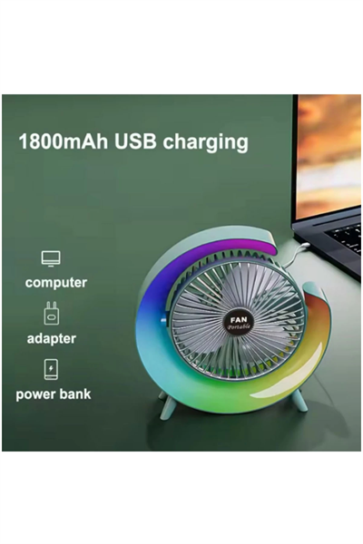 Masaüstü Vantilatör Usb Şarjlı Rgb Led Işıklı 3 Kademeli 180° Ayarlanabilir Soğutucu Fan Yeşil