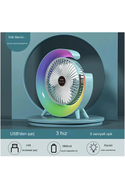 Masaüstü Vantilatör Usb Şarjlı Rgb Led Işıklı 3 Kademeli 180° Ayarlanabilir Soğutucu Fan Mavi