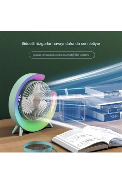 Masaüstü Vantilatör Usb Şarjlı Rgb Led Işıklı 3 Kademeli 180° Ayarlanabilir Soğutucu Fan Mavi