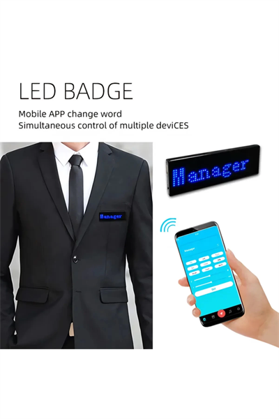 Matrix Kayan Led Yaka Rozeti Mobil Kontrollü Dijital Etiket 9×3cm