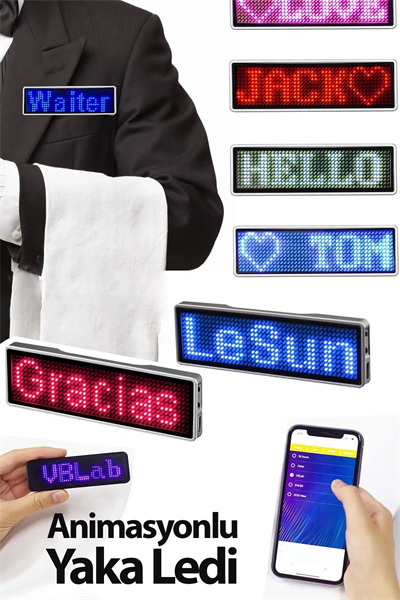 Matrix Kayan Led Yaka Rozeti Mobil Kontrollü Dijital Etiket 9×3cm