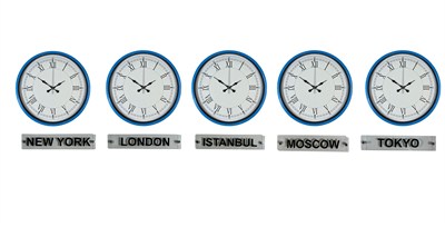 Mavi 36 Cm 5 li Tabelalı Dünya Saatleri