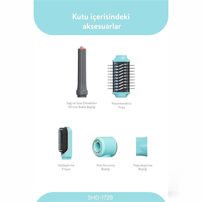 Mavi Air Brush 5in1=bukle-hacimle-düzleştir-2-fırça Saç Kurutma - Şekil Makinesi 1300w 3-kdm.hız Sıcaklık Shd-1729 Bx40