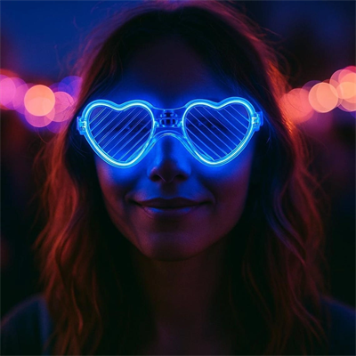 Mavi Led Işıklı Kalp Gözlük – 3 Modlu Parti  Glow Gözlüğü