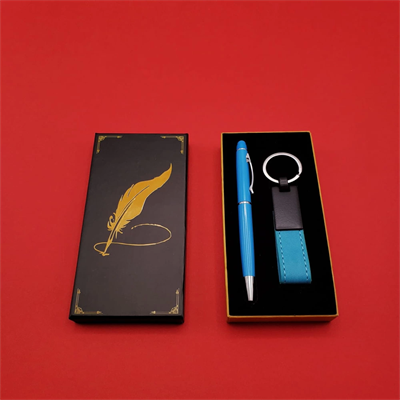 Mavi Metal Deri Anahtarlık ve Kalem Seti