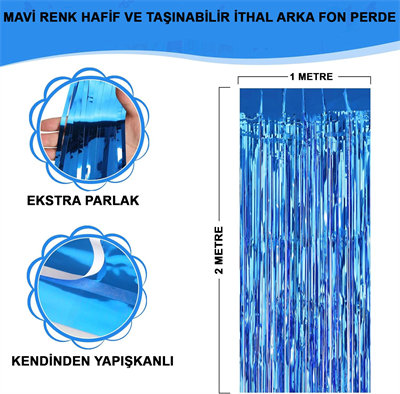 Mavi Renk Ekstra Metalize Parlak Saçaklı Arka Fon Perde İthal A Kalite 1x2 Metre Bx40