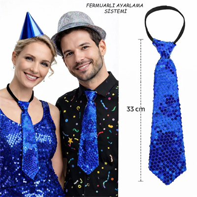 Mavi Renk Pul Payetli Işıltılı Parti Kravatı 33 Cm