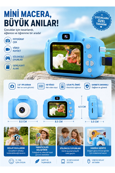 Mavi Renkli Çocuklar İçin Dijital Fotoğraf Makinesi, 1080p HD Video ve 15x Optik Zoom Özellikli