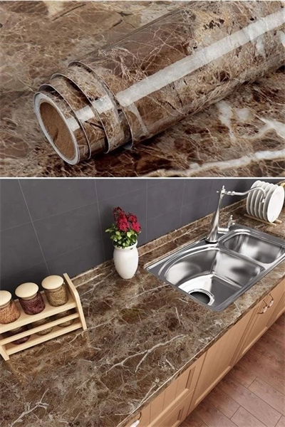 Mermer Desenli Masa Tezgah Mutfak Su Geçirmez Yapışkanlı Folyo Sticker Kahverengi 5x0,6m