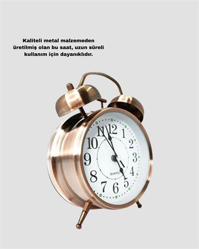 Metal Bronz Nostaljik Masa Saati Alarmlı Büyük Boy Sessiz Mekanizmalı