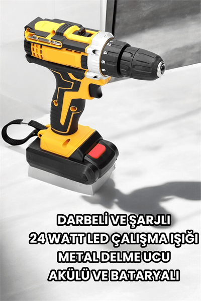 Metal Dişli 24W Akülü Matkap -Çift Bataryalı ve LED Çalışma Işığı ile Tam Set