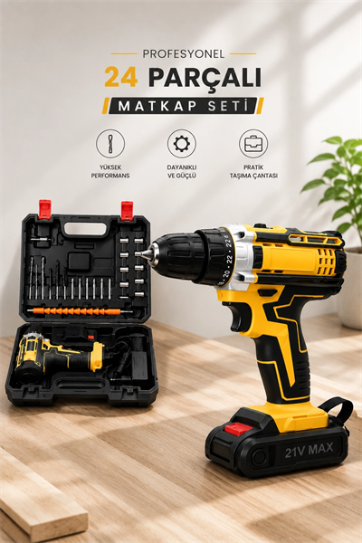 Metal Dişli 24W Akülü Matkap -Çift Bataryalı ve LED Çalışma Işığı ile Tam Set
