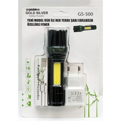 Metal El Feneri Usb Şarjlı 4 Kademeli Zoomlu Gs 500