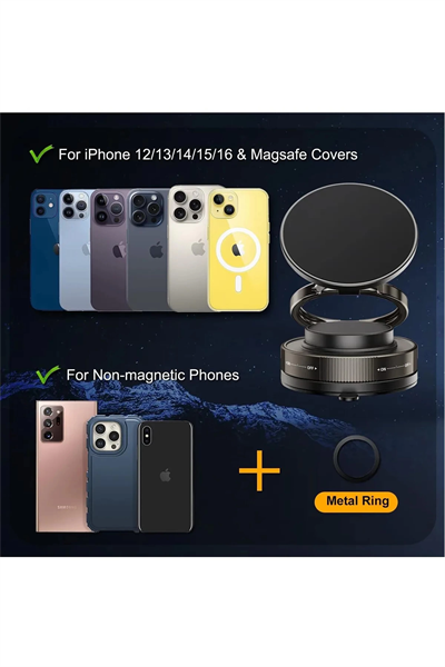 Metalik Magsafe Telefon Tutucu Tüm Yüzeylerle Uyumlu Vakumlu 360 Dönen Oynar Başlık