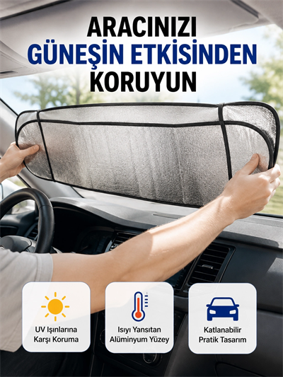 Metalize Reflektör Yüzeyli UV Koruyucu Araç Güneşliği – Serin ve Güvenli Sürüşler İçin