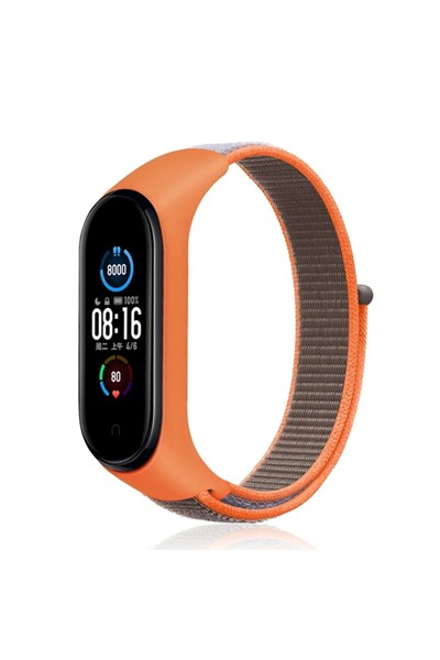 Mey İthalat®   Mi Band 4 Hasırlı Cırtcırtlı Kordon - Turuncu-Gri