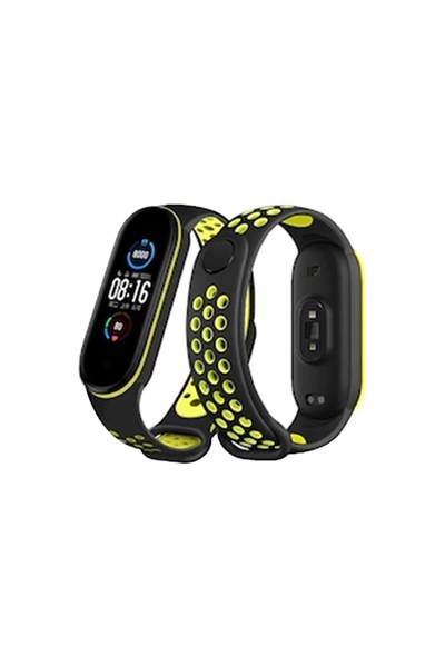 Mey İthalat®   Mi Band 4 Spor Delikli Kordon - Siyah-Yeşil