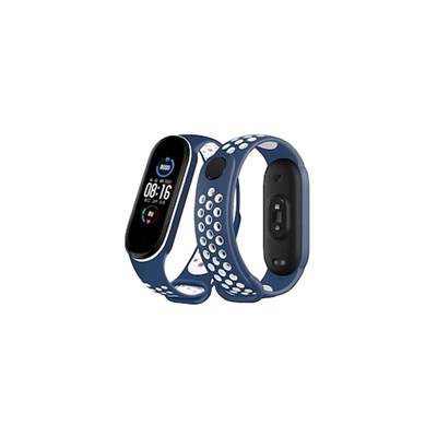 Mey İthalat®   Mi Band 4 Spor Delikli Kordon - Lacivert-Beyaz