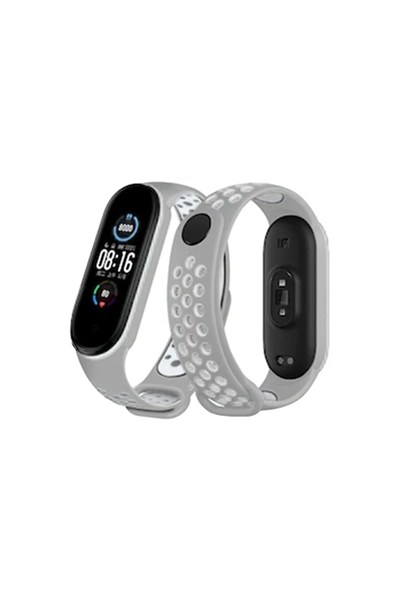 Mey İthalat®   Mi Band 4 Spor Delikli Kordon - Gri-Beyaz