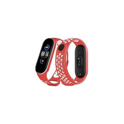 Mey İthalat®   Mi Band 4 Spor Delikli Kordon - Kırmızı-Beyaz