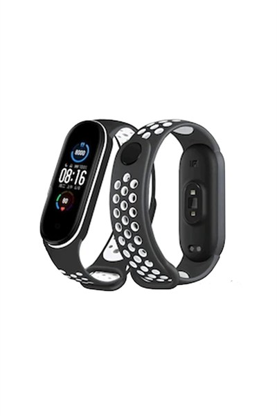 Mey İthalat®   Mi Band 4 Spor Delikli Kordon - Siyah-Beyaz